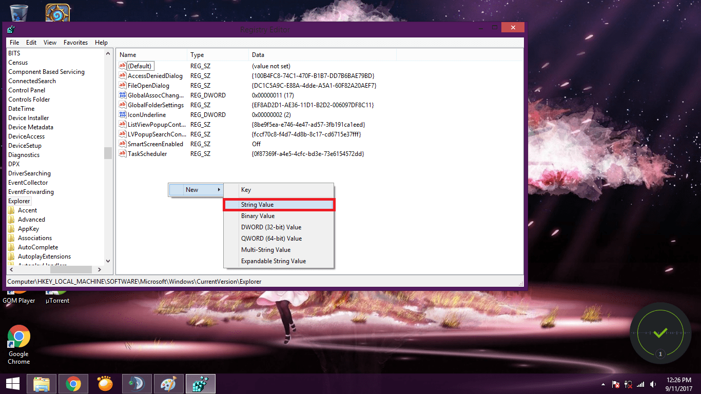 create a new string value regedit