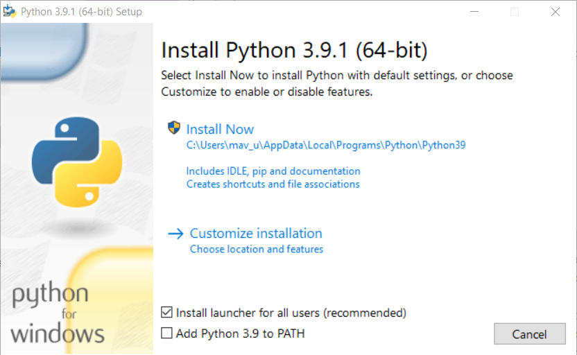 The Python installer window Python installer window pip is not recognized